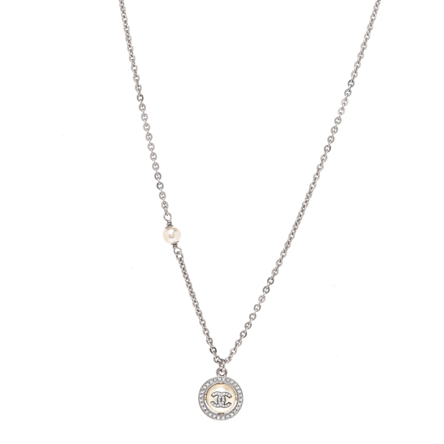 Chanel Pearl Crystal CC Necklace Silver 1 of 6