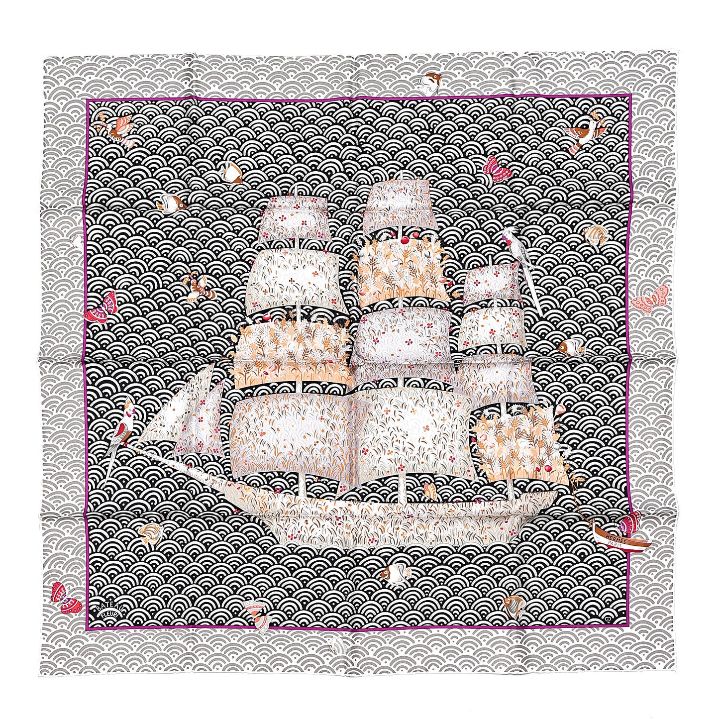 Silk Bateau Fleuri Scarf 90 Gris Black Vert De Gris