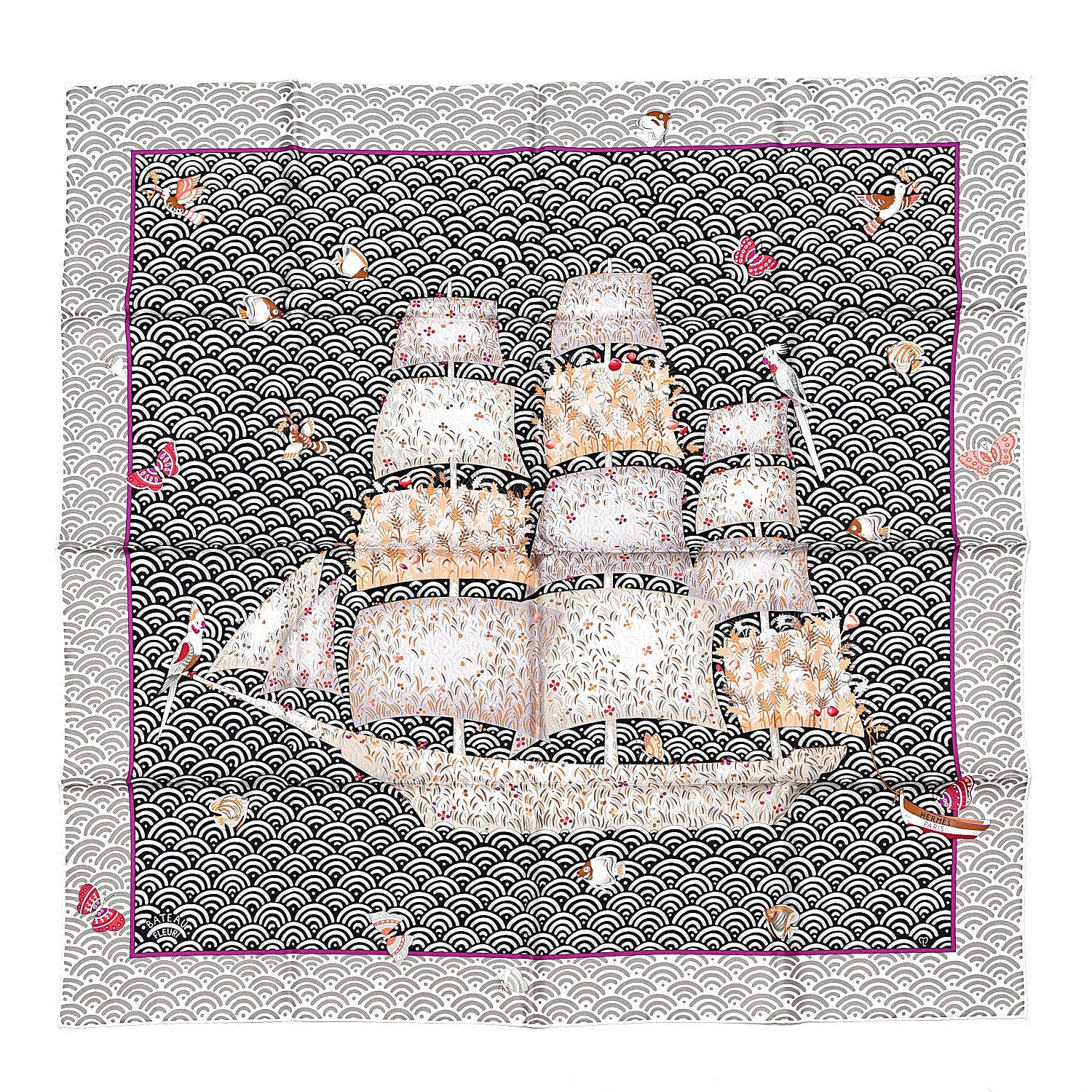 Hermes Silk Bateau Fleuri Scarf 90 Gris Black Vert De Gris 1 of 5
