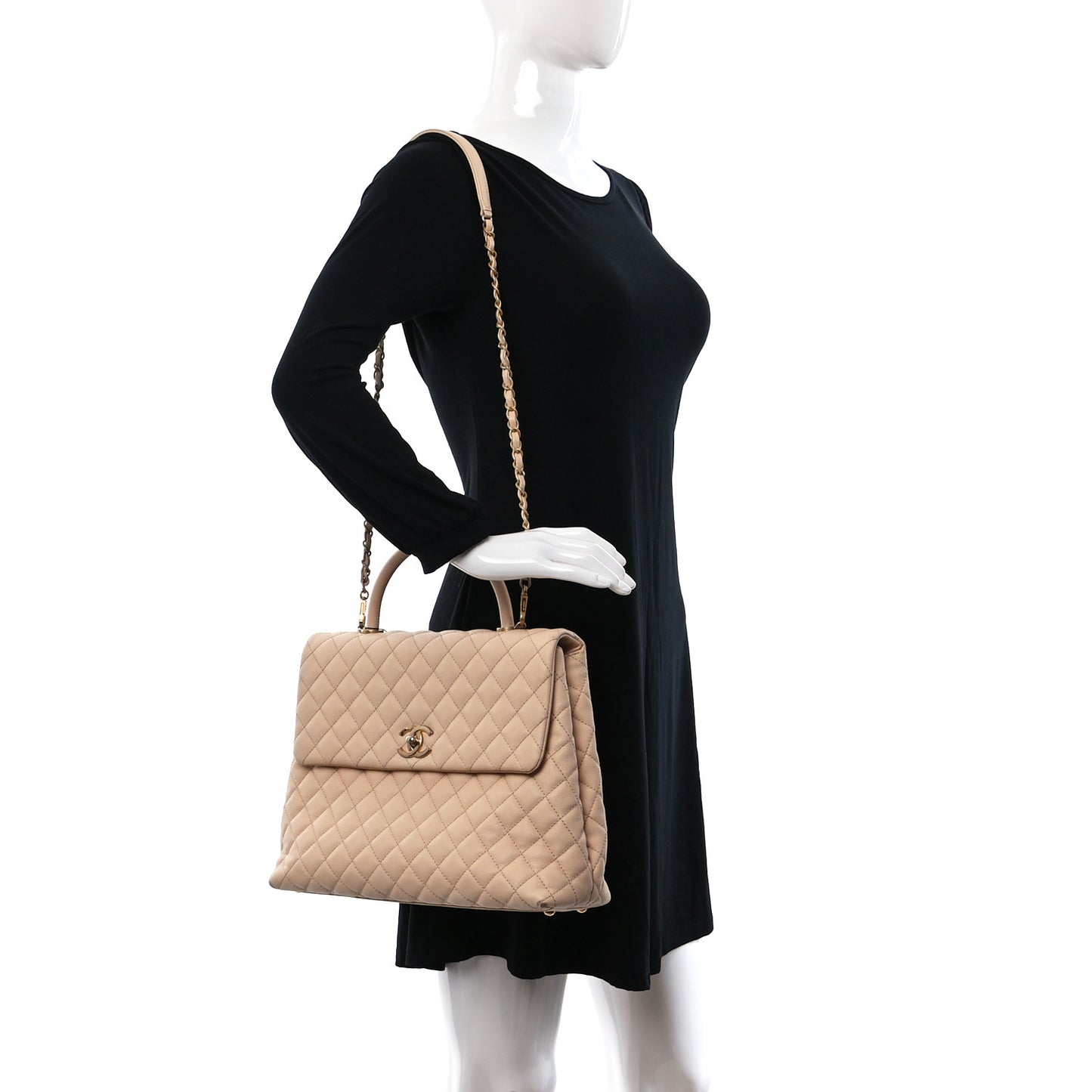 Caviar Quilted Large Coco Handle Flap Beige