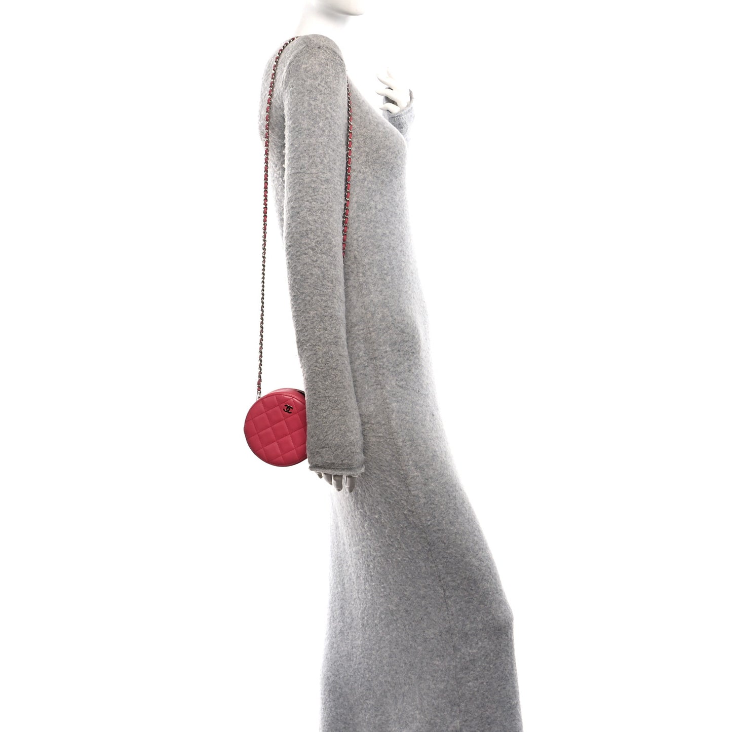 Lambskin Quilted Round Clutch With Chain Pink