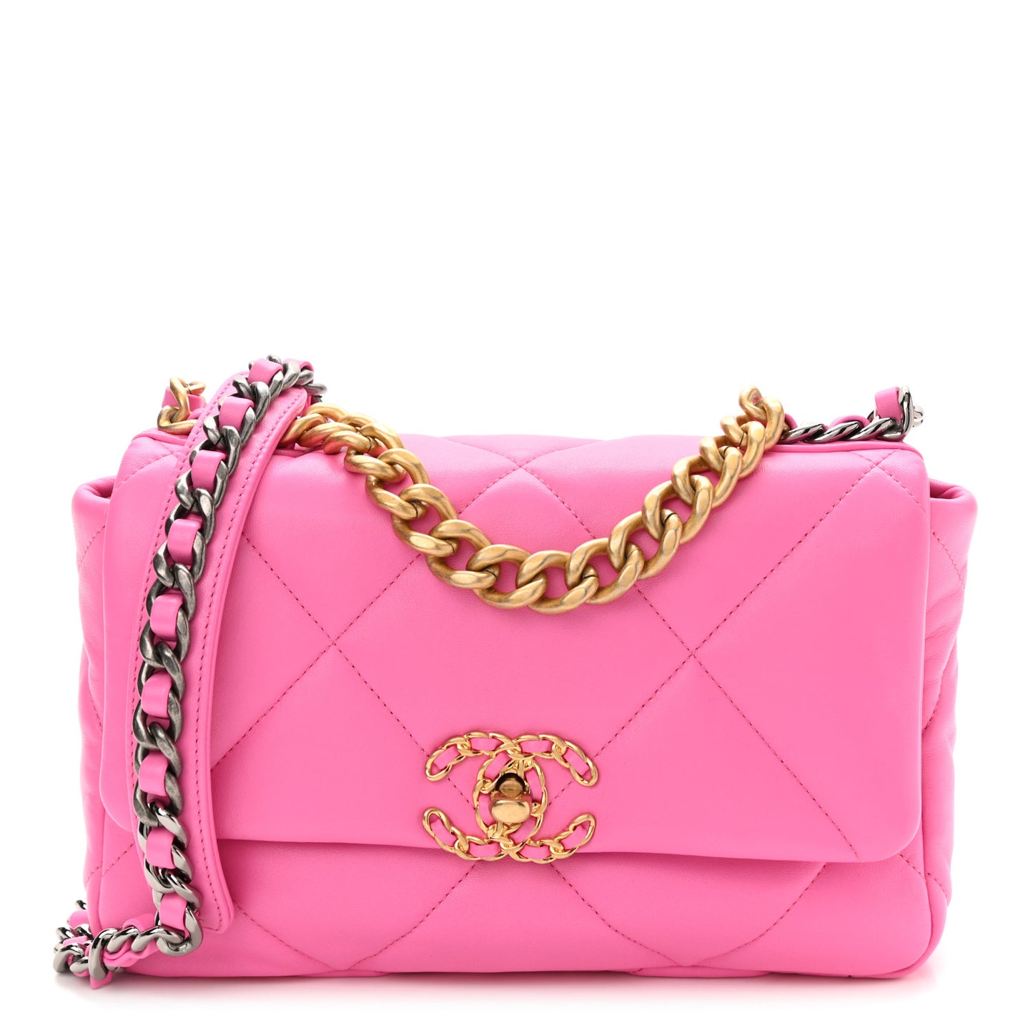 Shiny Lambskin Quilted Medium Chanel 19 Flap Neon Pink