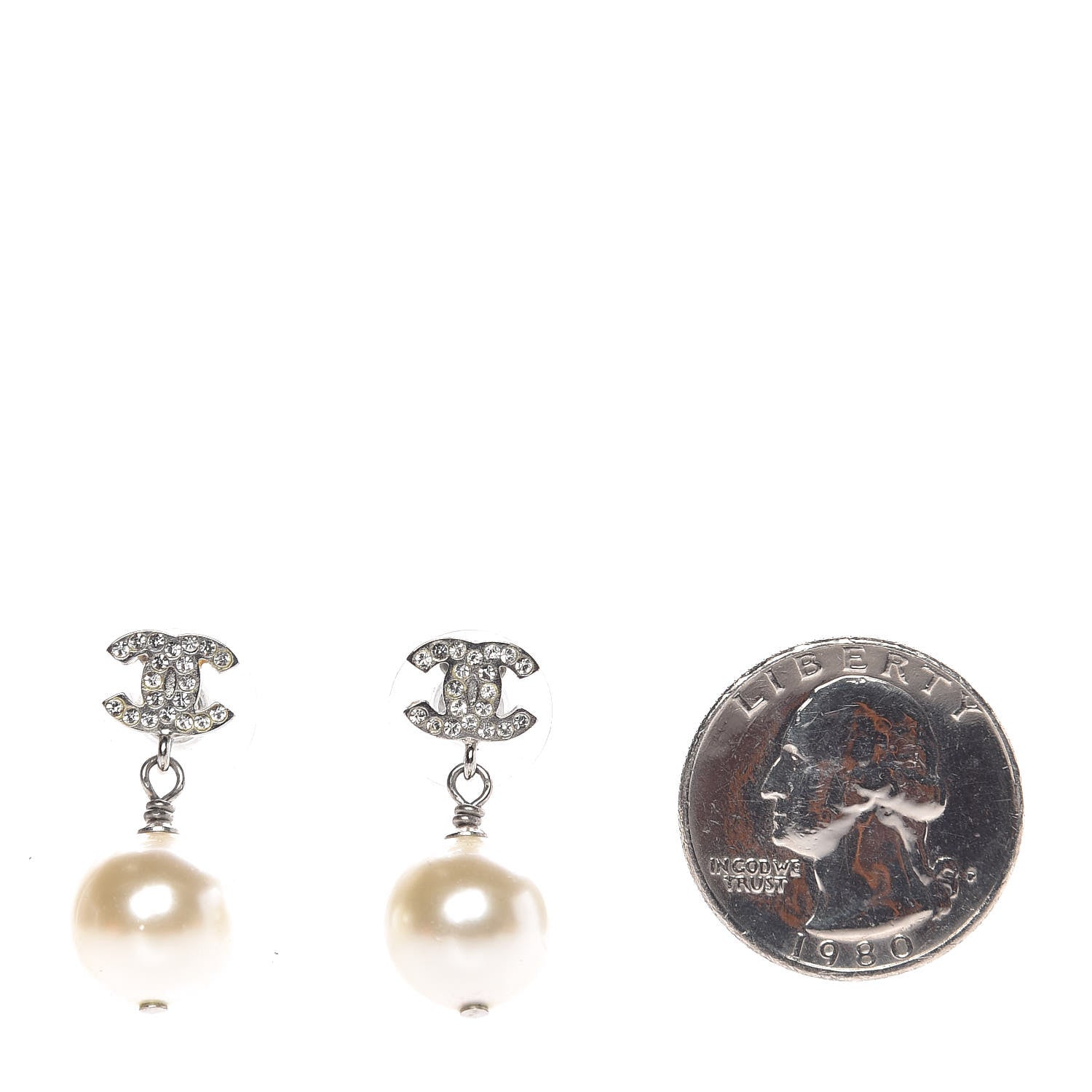Chanel Crystal Pearl CC Drop Earrings Silver Pearly White 2 of 6
