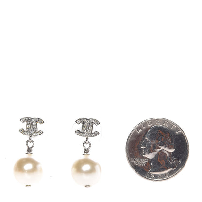 Chanel Crystal Pearl CC Drop Earrings Silver Pearly White 2 of 6