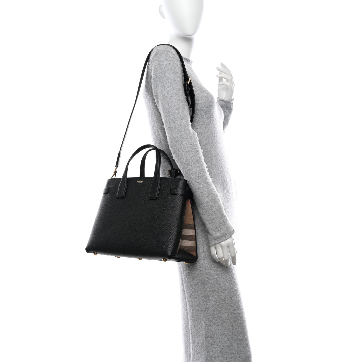 Burberry Derby Calfskin House Check Medium Banner Tote Black 2 of 12
