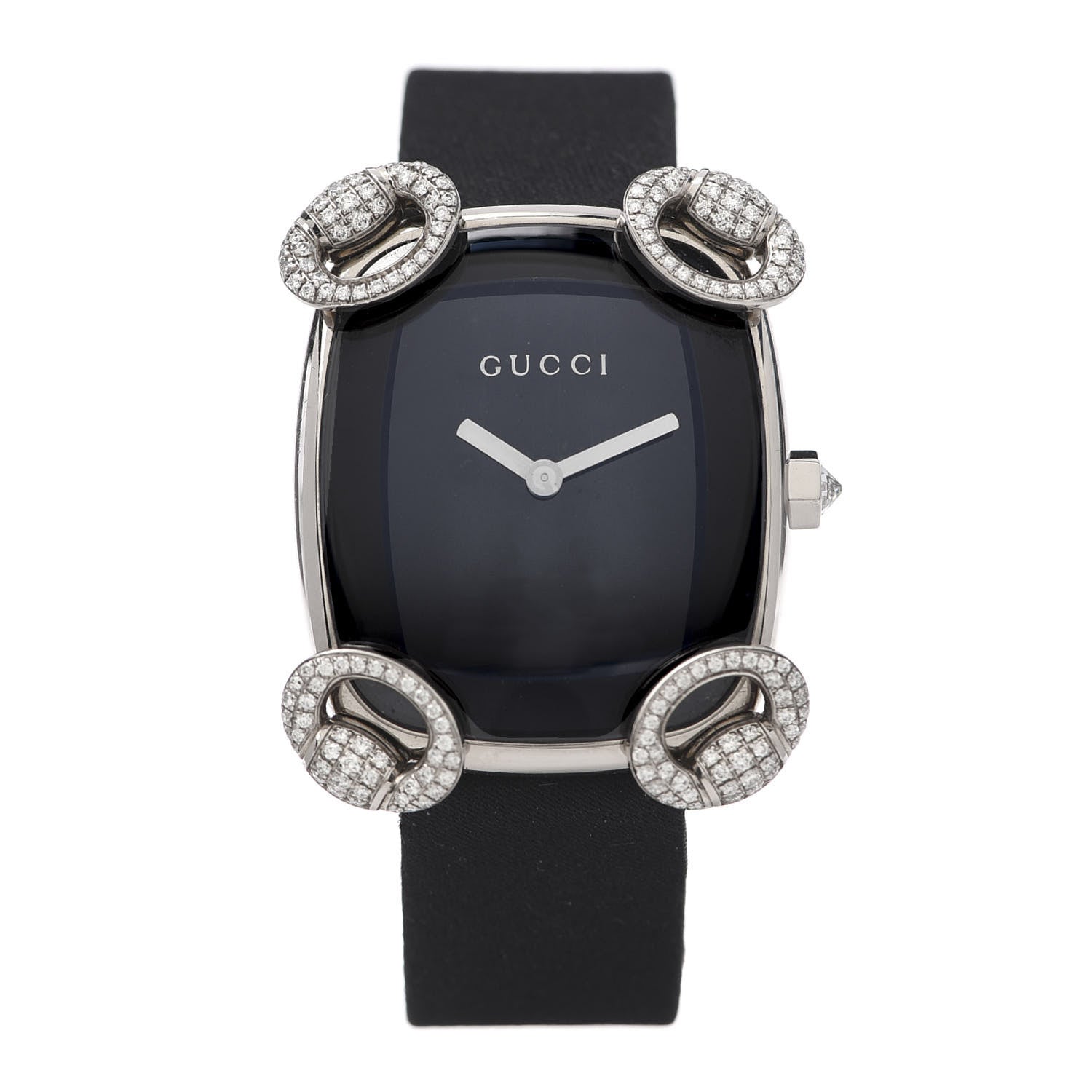Gucci 18K White Gold Satin Diamond 28mm Horsebit Quartz Watch Black 1 of 5