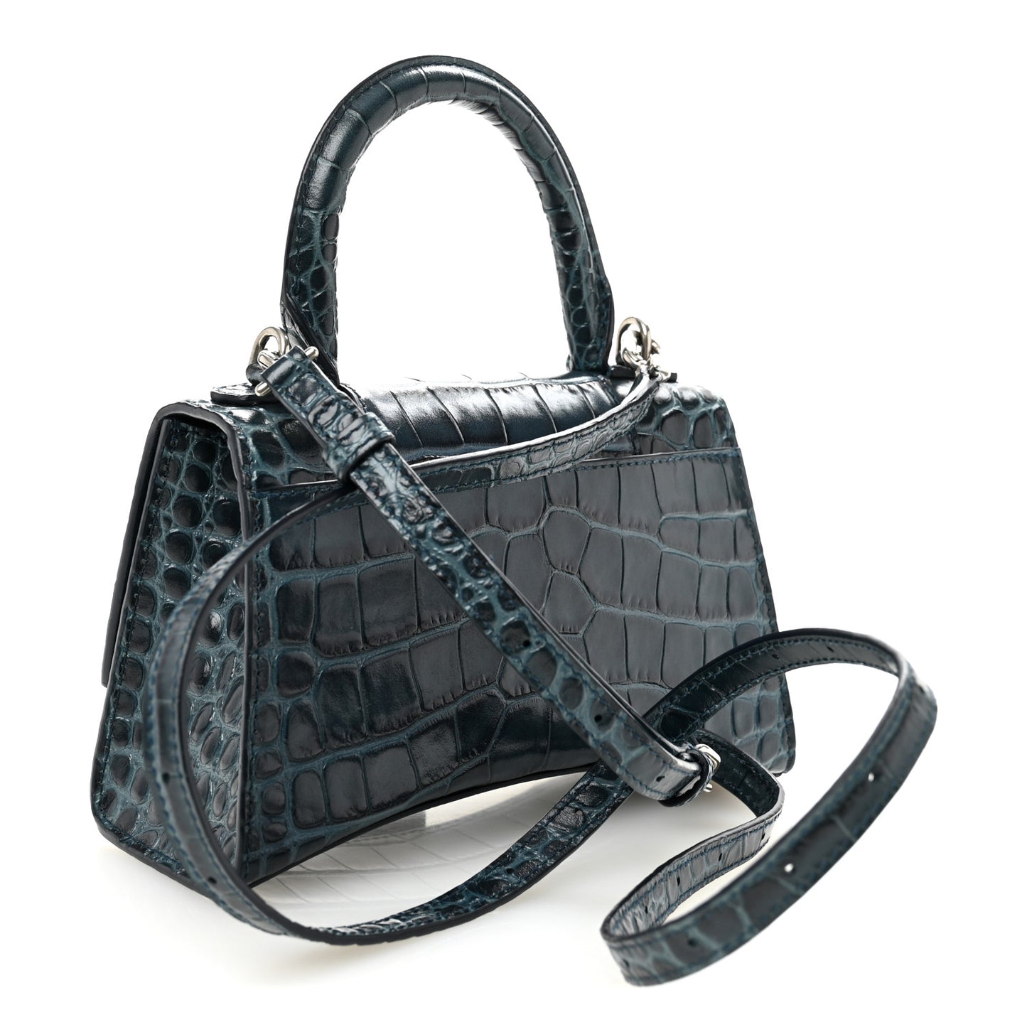 Shiny Calfskin Crocodile Embossed Hourglass Top Handle Bag XS Denim Blue