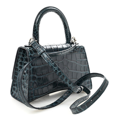 Balenciaga Shiny Calfskin Crocodile Embossed Hourglass Top Handle Bag XS Denim Blue 3 of 10