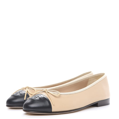 Chanel Lambskin CC Cap Toe Ballerina Flats 36.5 Beige Black 3 of 9