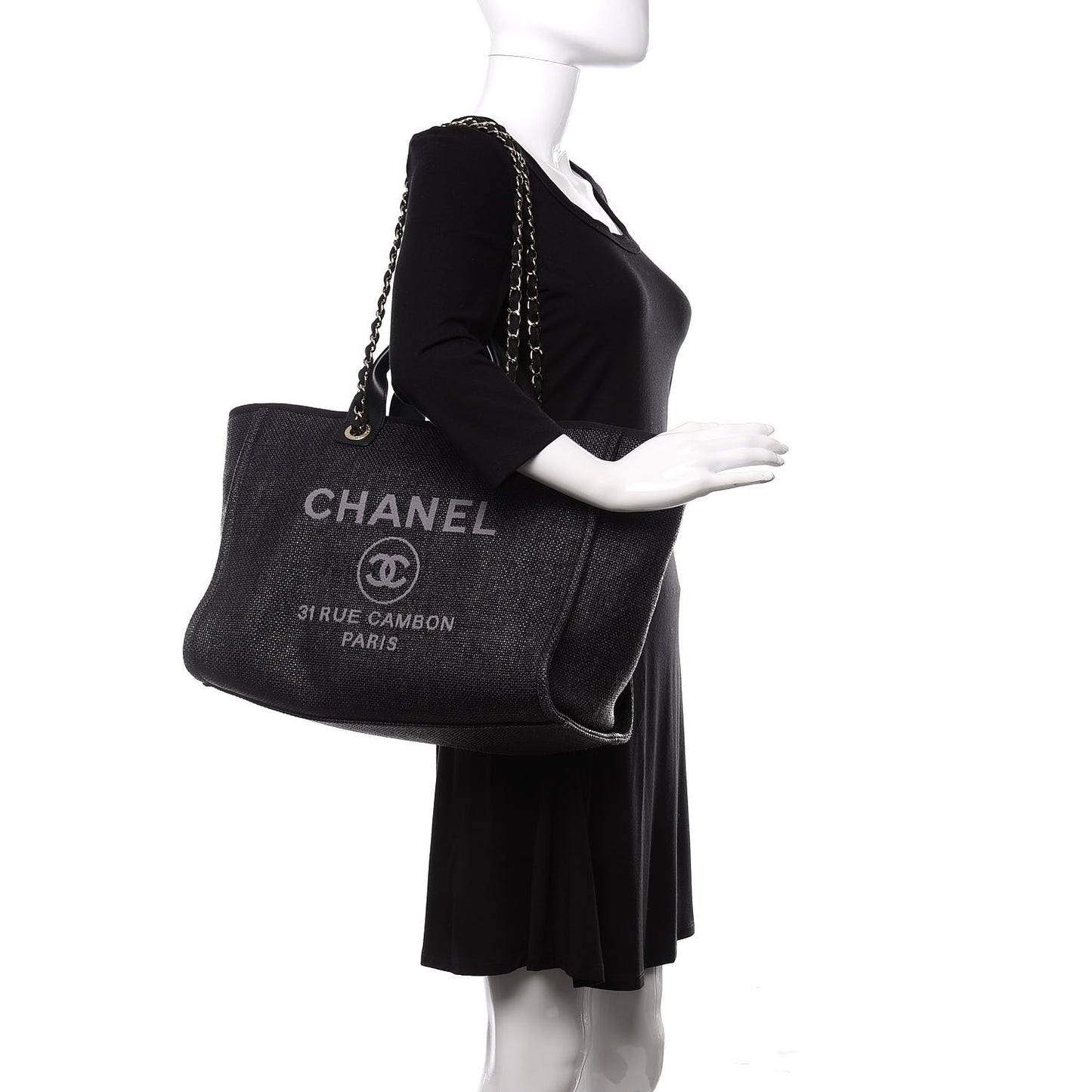 Woven Straw Raffia Medium Deauville Tote Black