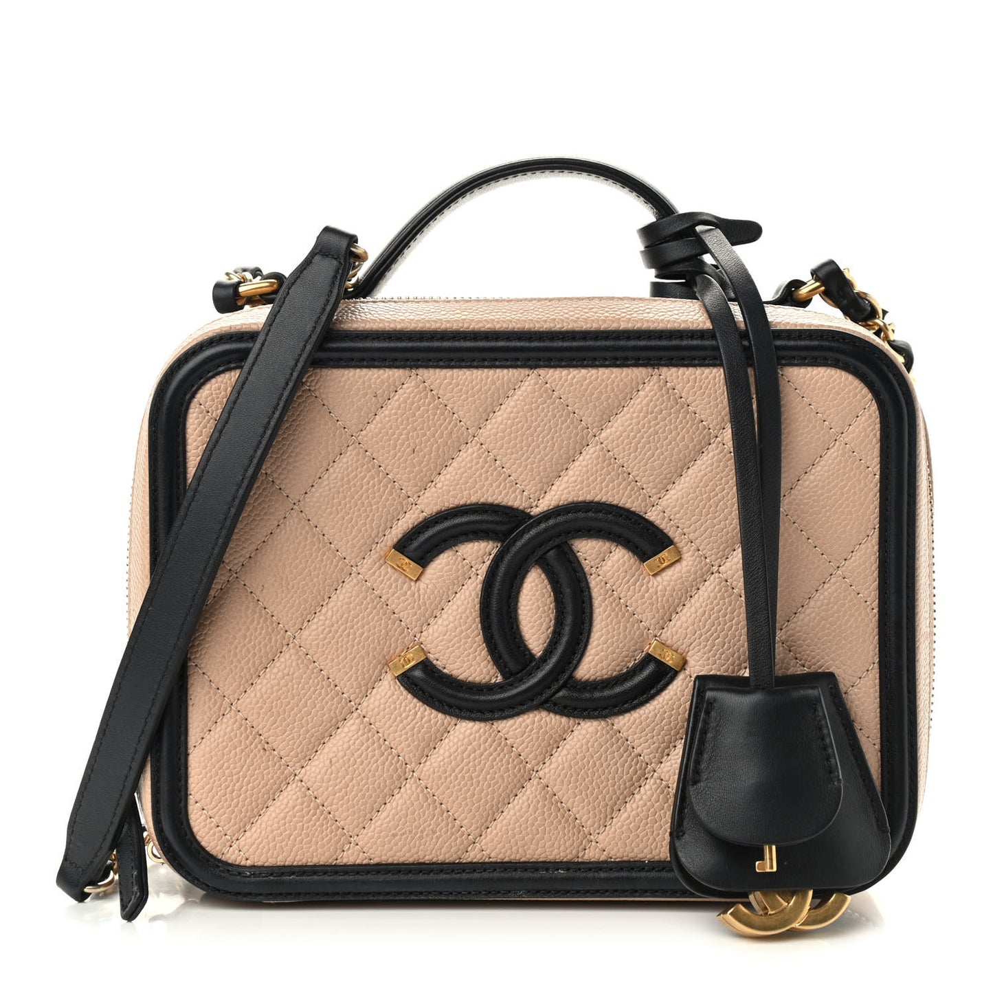 Caviar Quilted Medium CC Filigree Vanity Case Beige Black