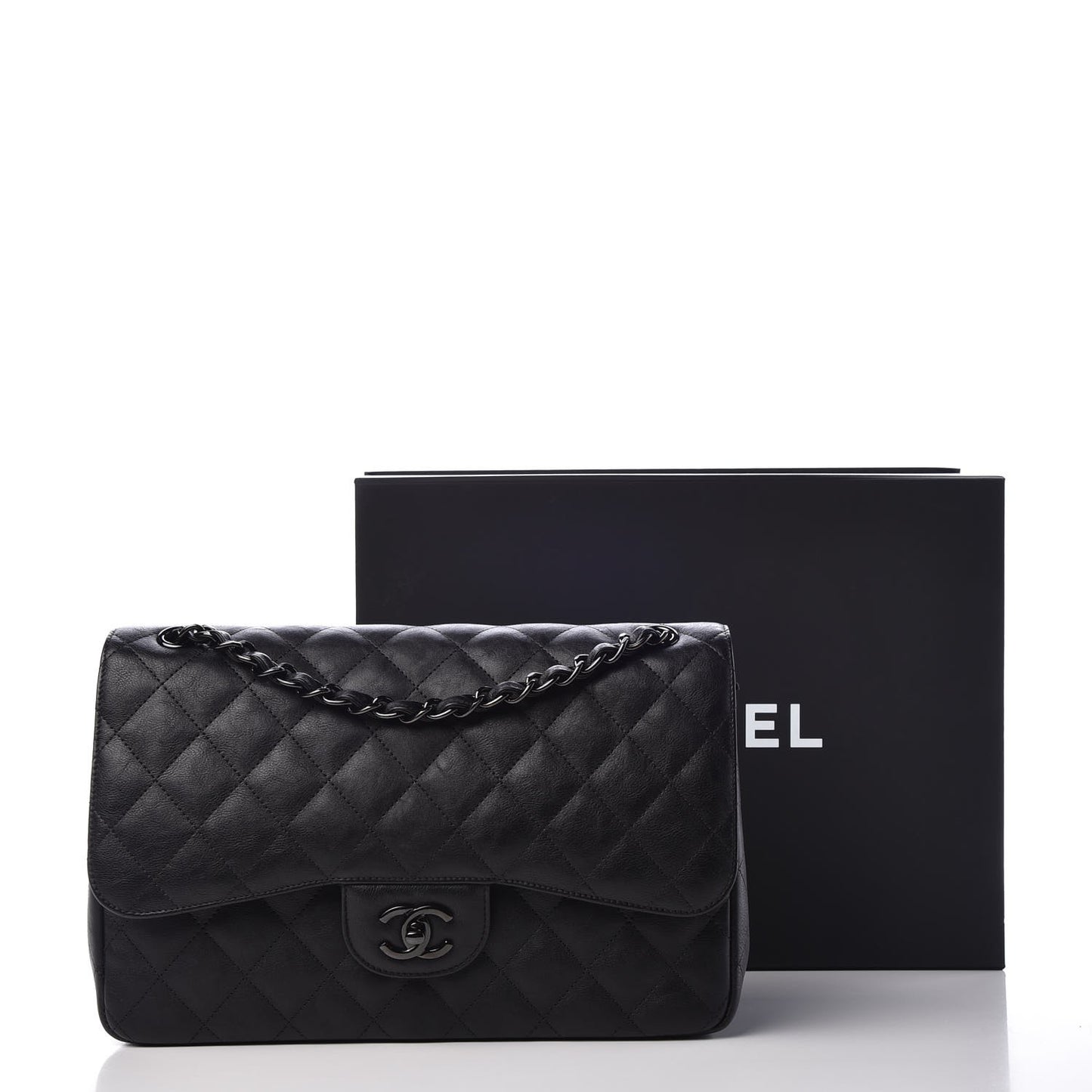 Crumpled Calfskin Quilted Jumbo Double Flap So Black