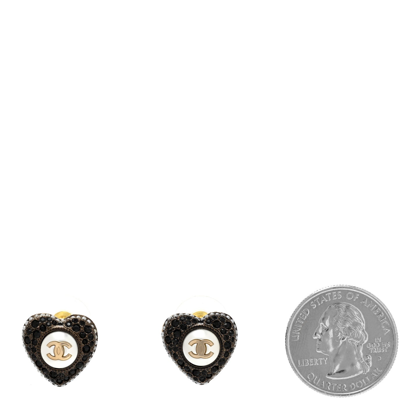Pearl Crystal CC Heart Earrings Gold Black