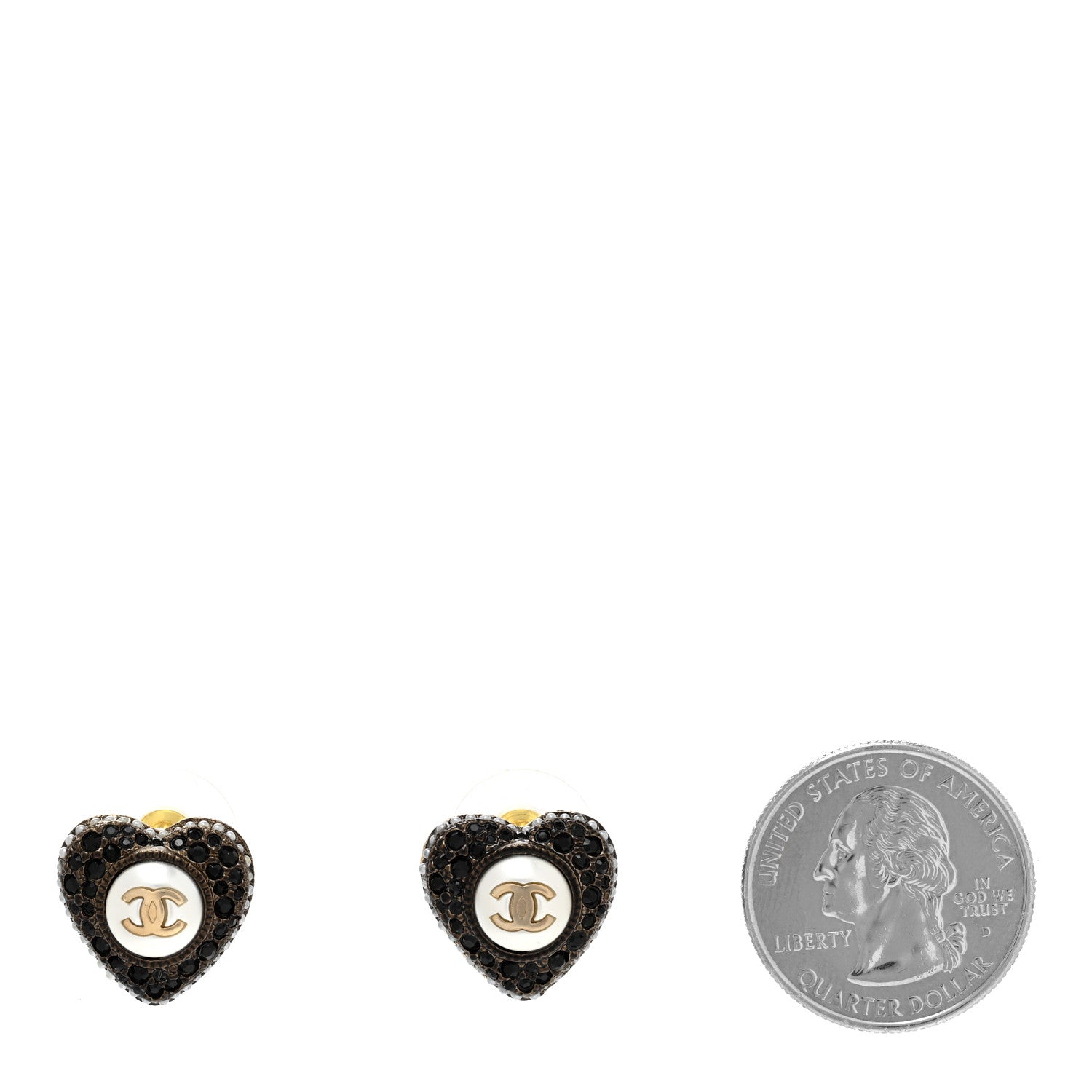 Chanel Pearl Crystal CC Heart Earrings Gold Black 2 of 4