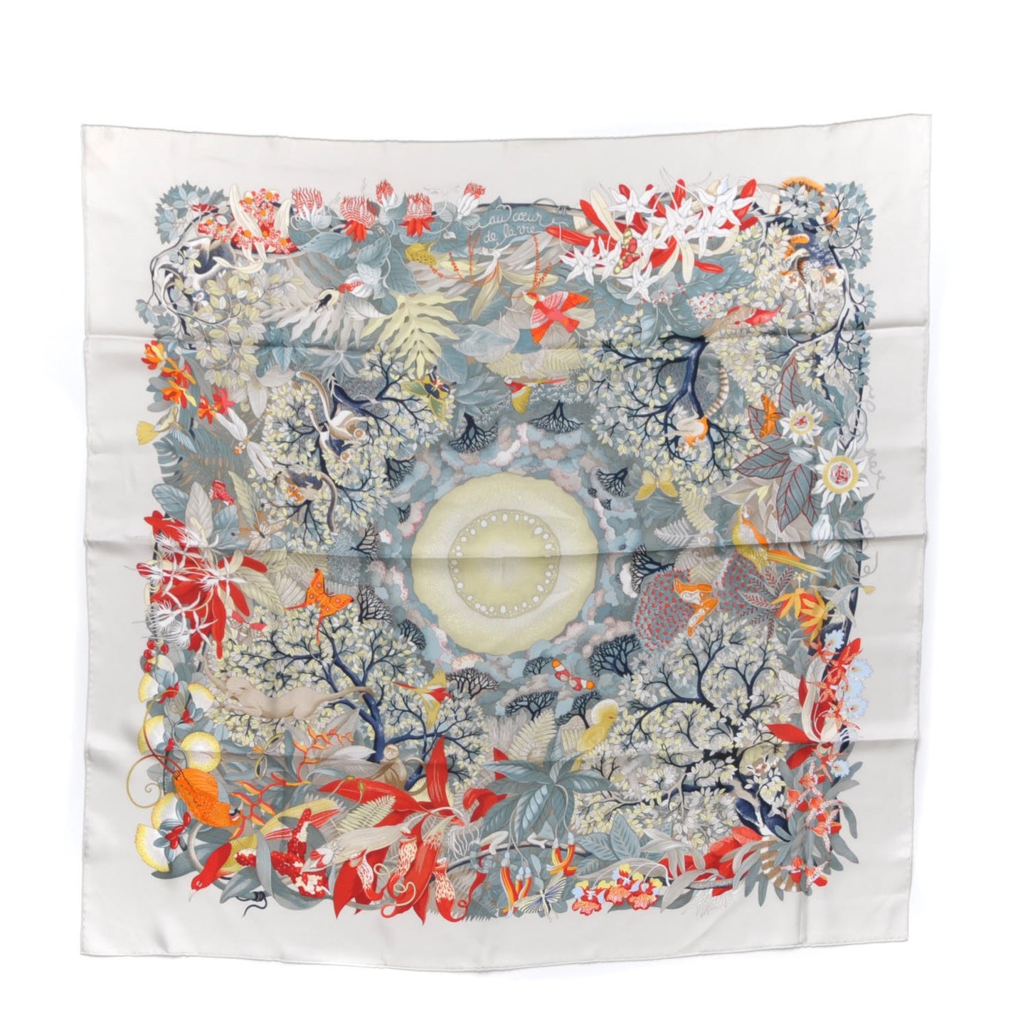 Silk Au Coeur de la Vie Scarf 90 Mastic Gris Bleuete Rouge