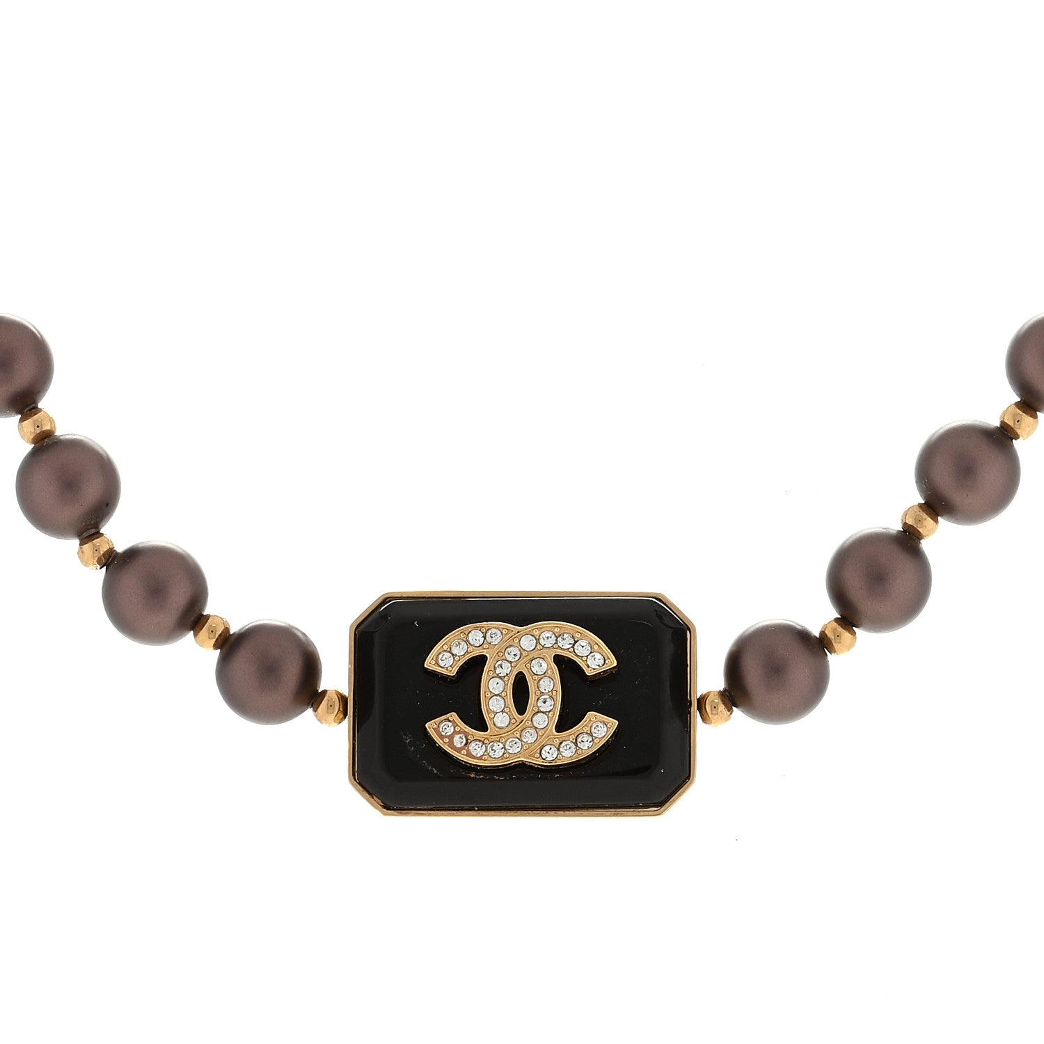 Chanel Pearl Crystal CC Choker Necklace Brown Gold 1 of 4