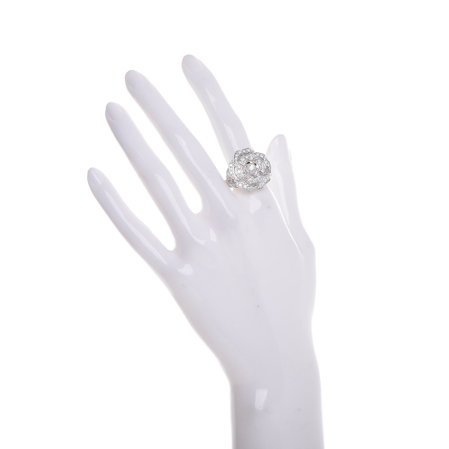 Chanel 18K White Gold Diamond Bouton de Camélia Ring 56 7.5 2 of 7