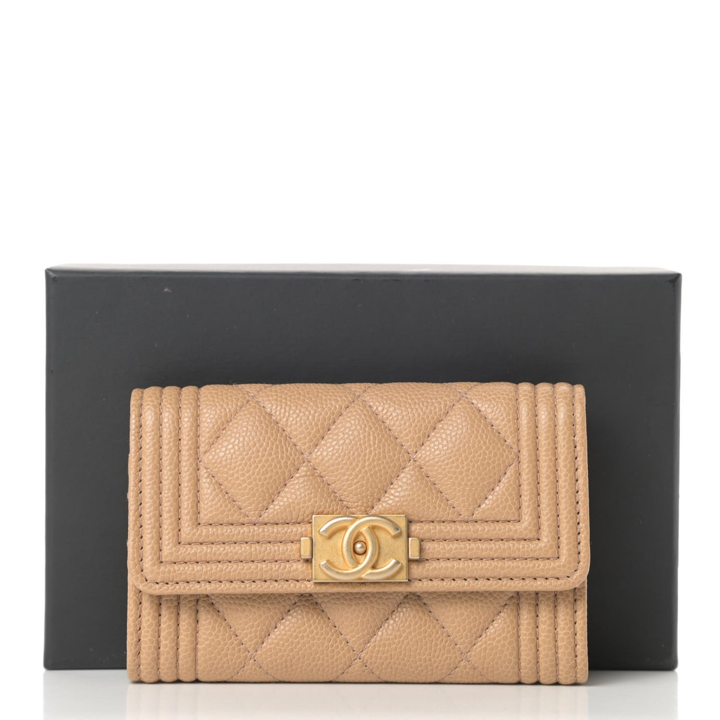 Caviar Quilted Boy Card Holder Wallet Beige Clair