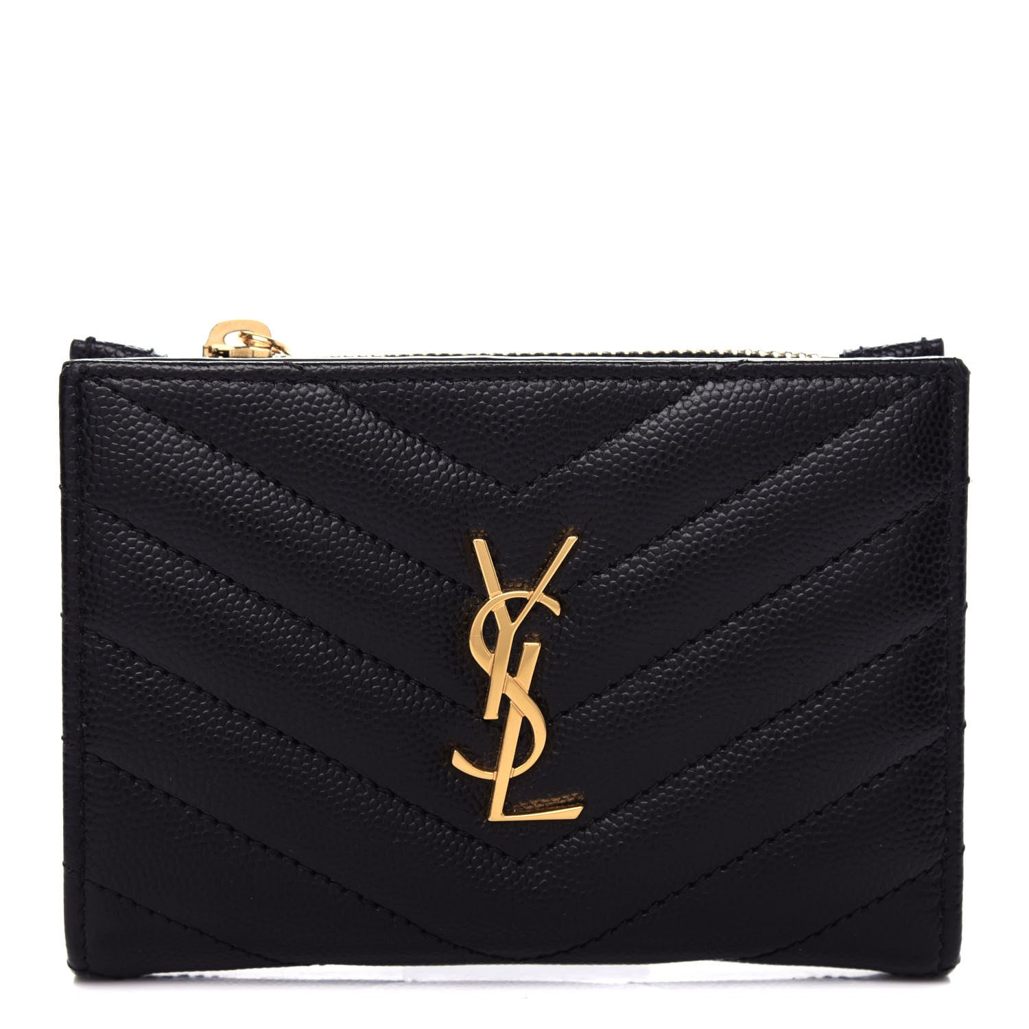 Saint Laurent Grain De Poudre Matelasse Chevron Monogram Zipped Two-Part Wallet Black 1 of 7