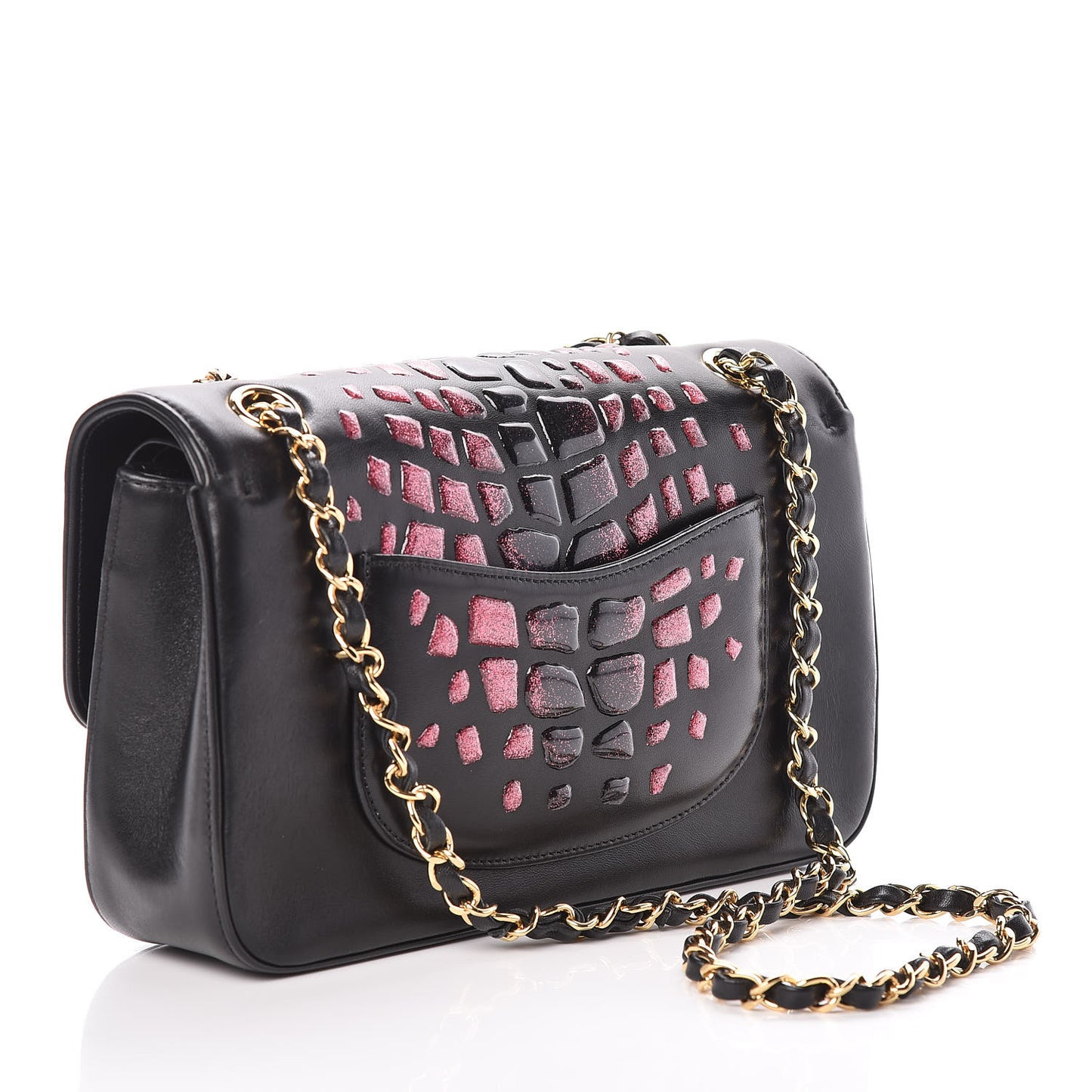 Lambskin Resin Glitter Medium Double Flap Black Pink