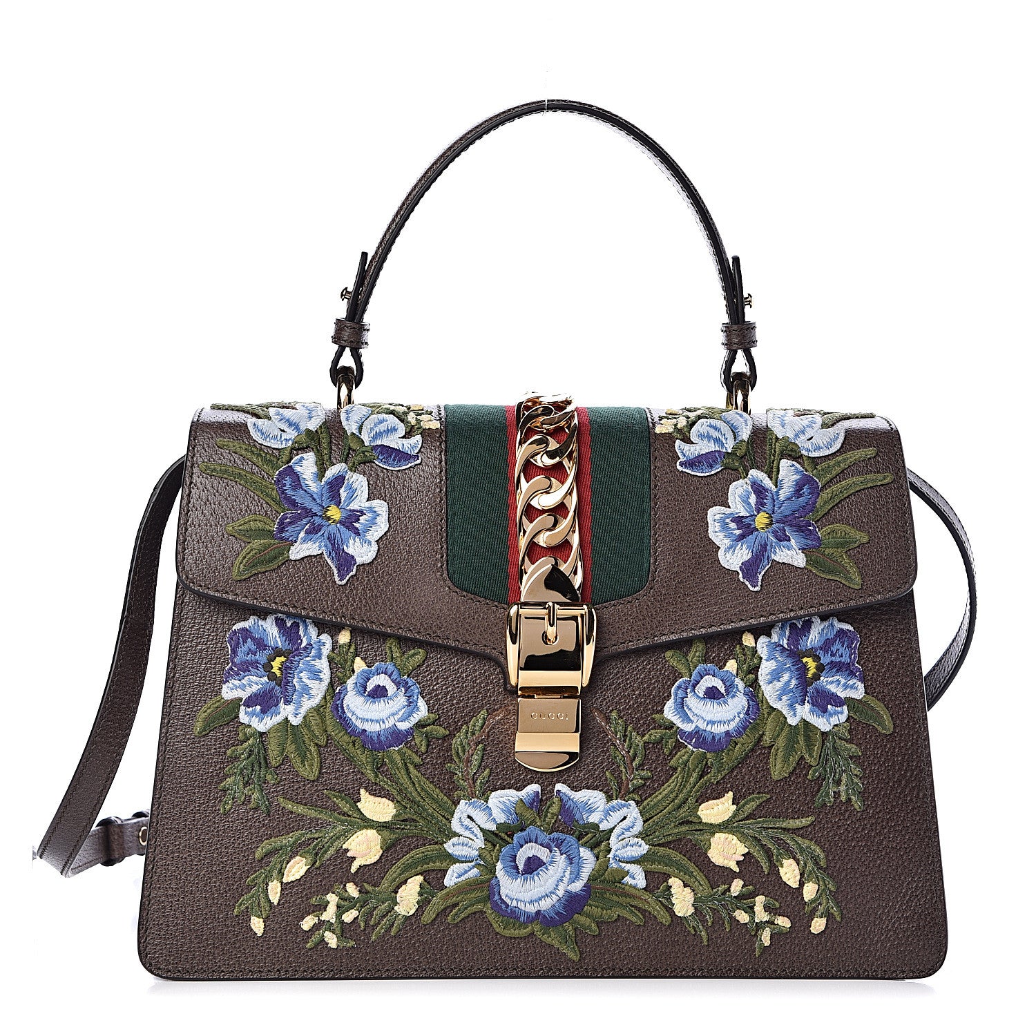 Gucci Calfskin Embroidered Medium Sylvie Top Handle Bag New Acero Multicolor 1 of 11
