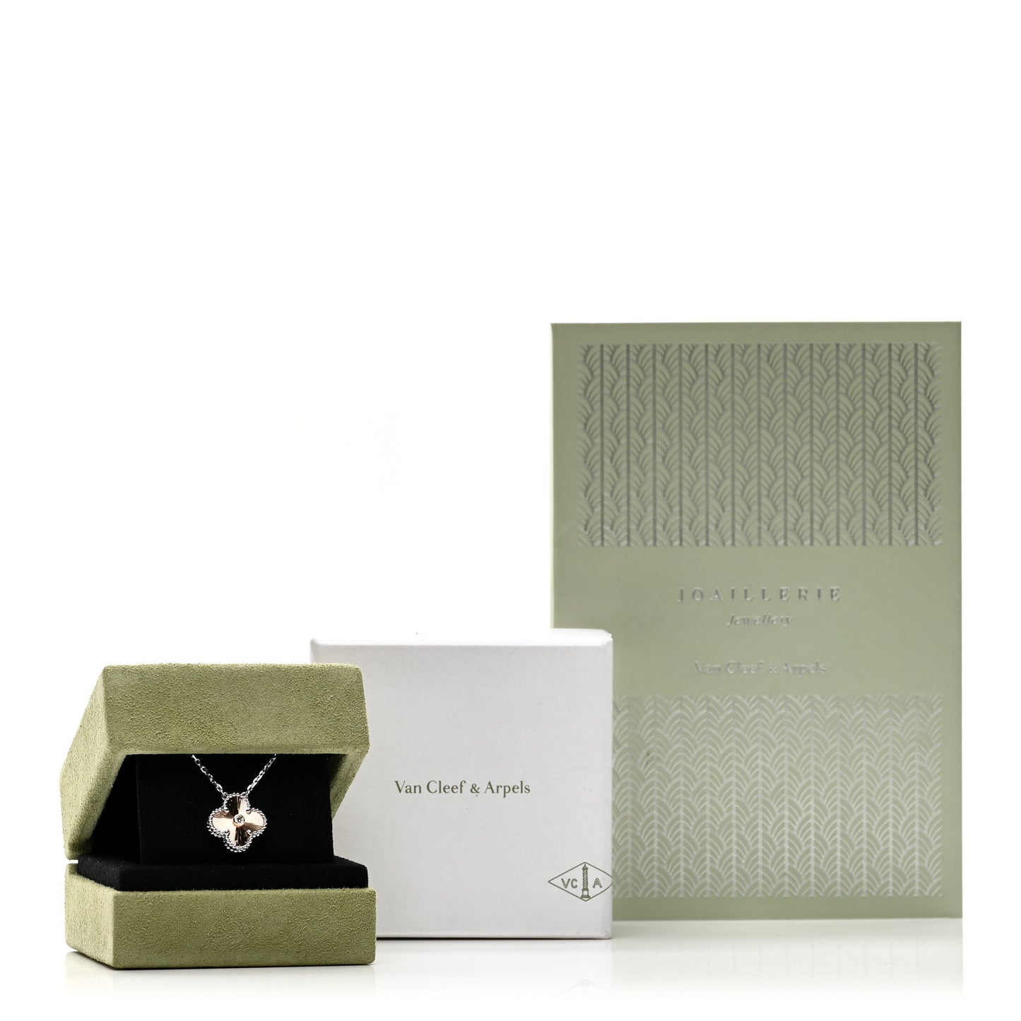 18K White Rose Gold Diamond Guilloche Vintage Alhambra Pendant Necklace
