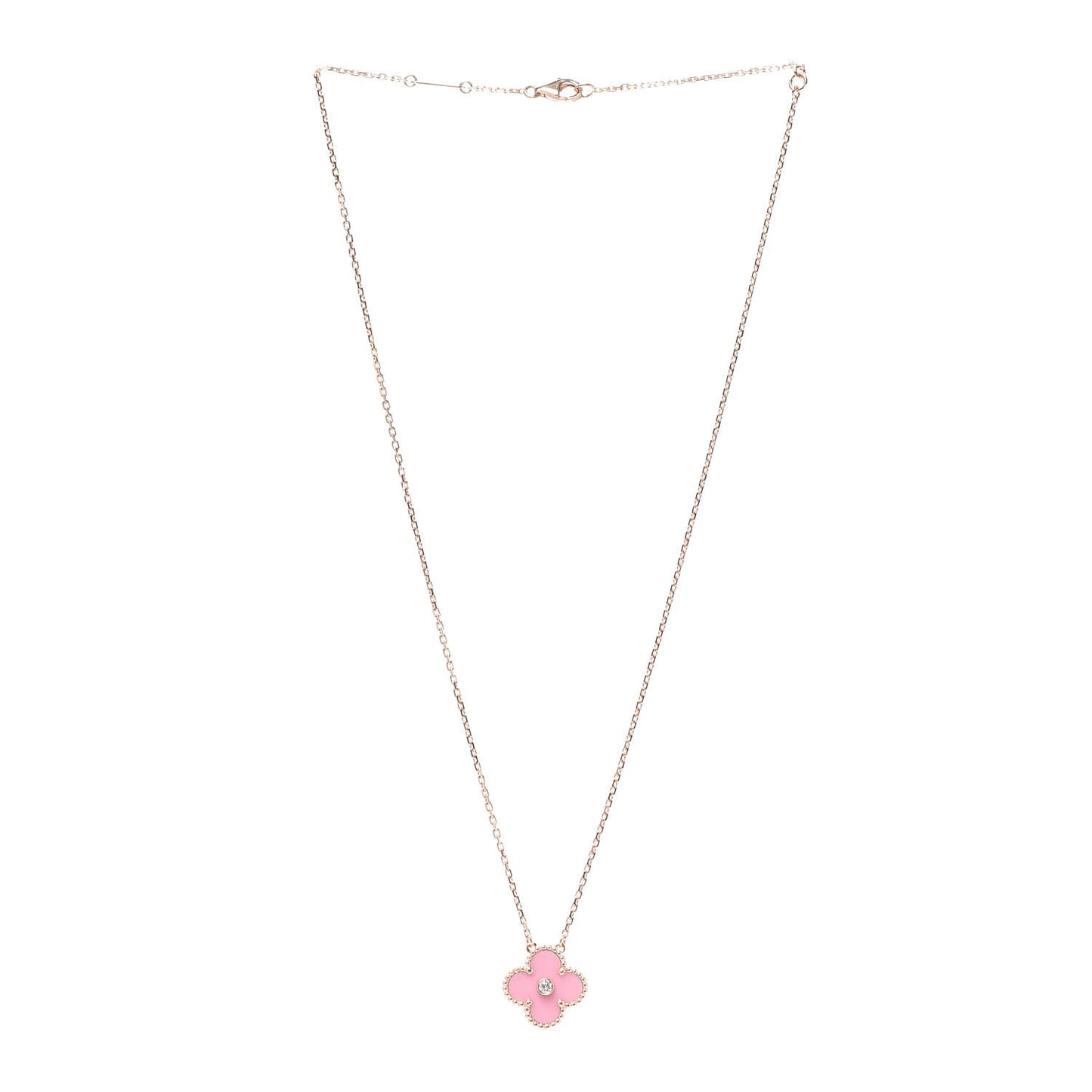 18K Rose Gold Diamond Pink Porcelain Vintage Alhambra Pendant Necklace