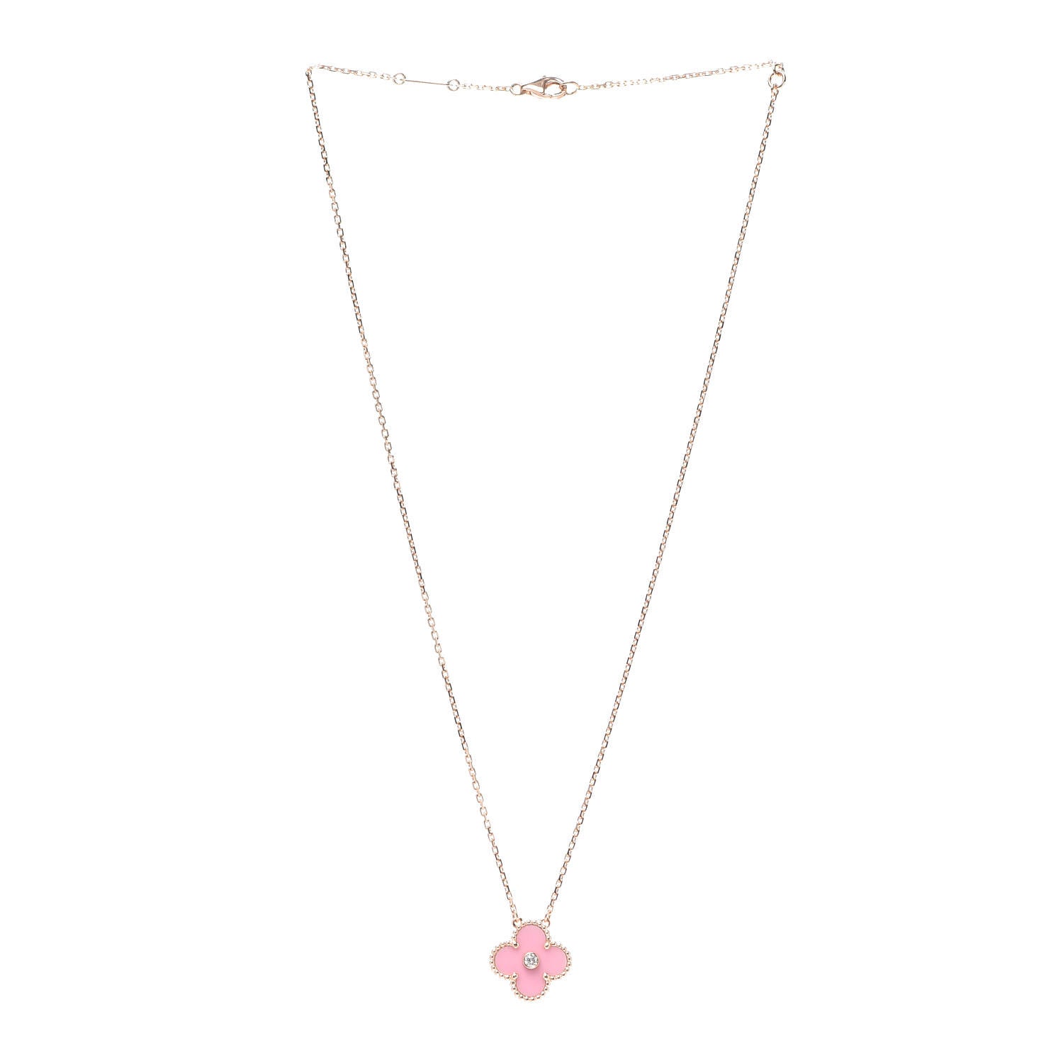 Van Cleef & Arpels 18K Rose Gold Diamond Pink Porcelain Vintage Alhambra Pendant Necklace 3 of 6