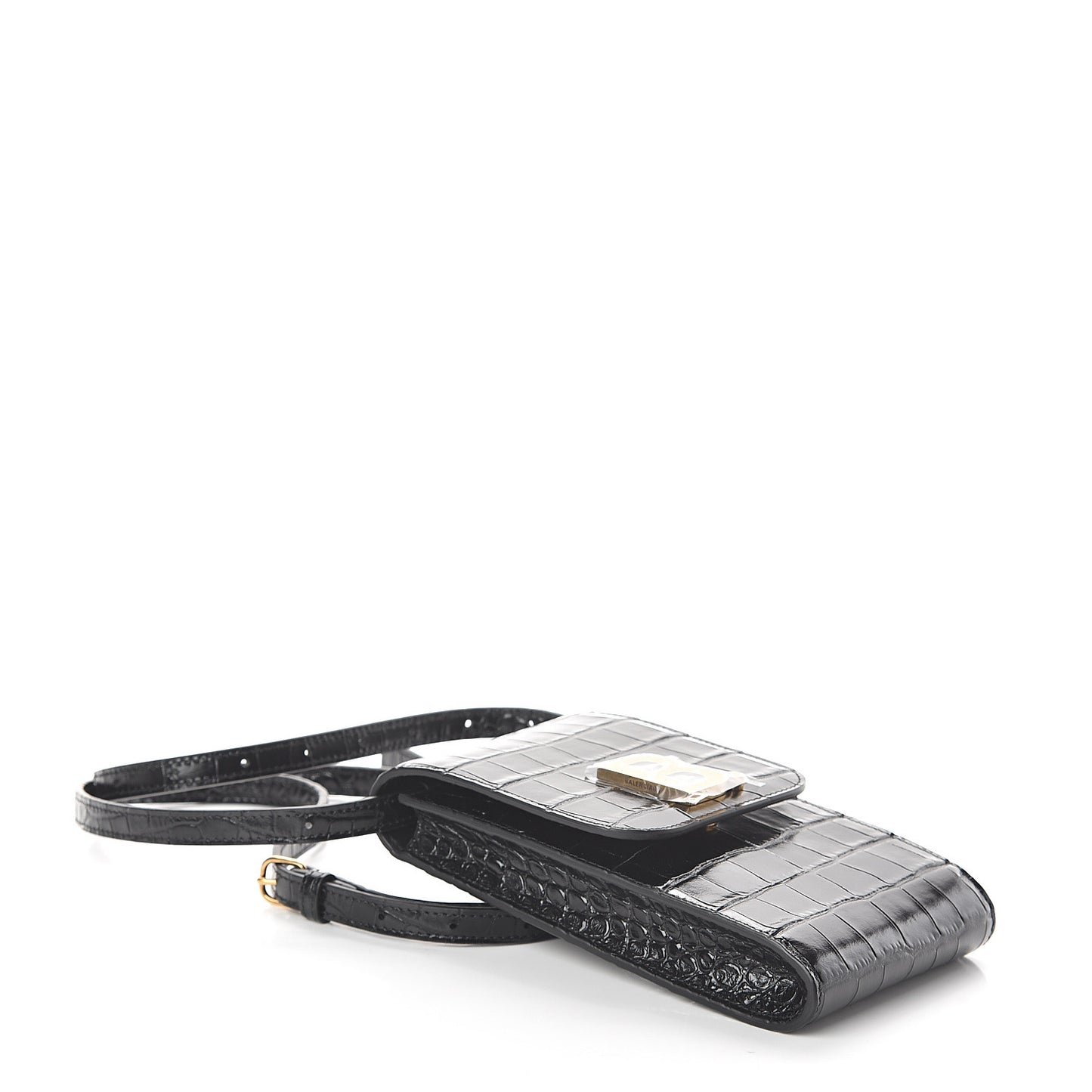 Shiny Calfskin Crocodile Embossed B Phone Holder Black