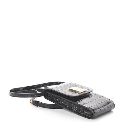 Balenciaga Shiny Calfskin Crocodile Embossed B Phone Holder Black 3 of 7