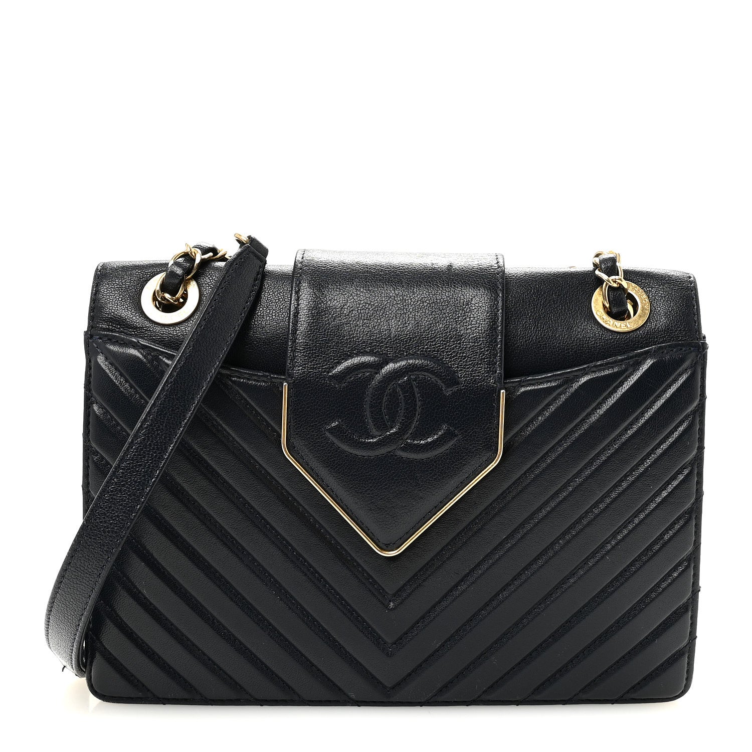 Chanel Shiny Sheepskin Chevron Quilted Collar and Tie Flap Navy 1 of 10