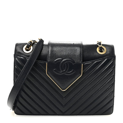 Chanel Shiny Sheepskin Chevron Quilted Collar and Tie Flap Navy 1 of 10