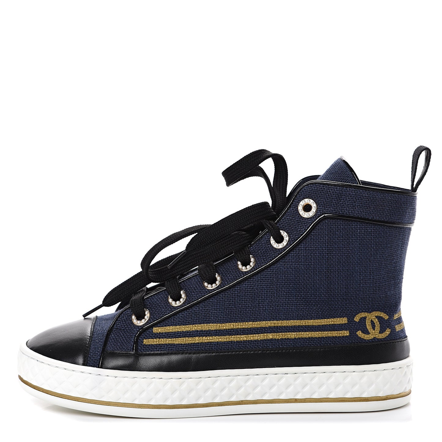 Fabric Lambskin Lace Up Cap Toe Sneakers 36.5 Navy Black
