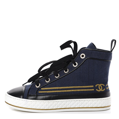Chanel Fabric Lambskin Lace Up Cap Toe Sneakers 36.5 Navy Black 1 of 7
