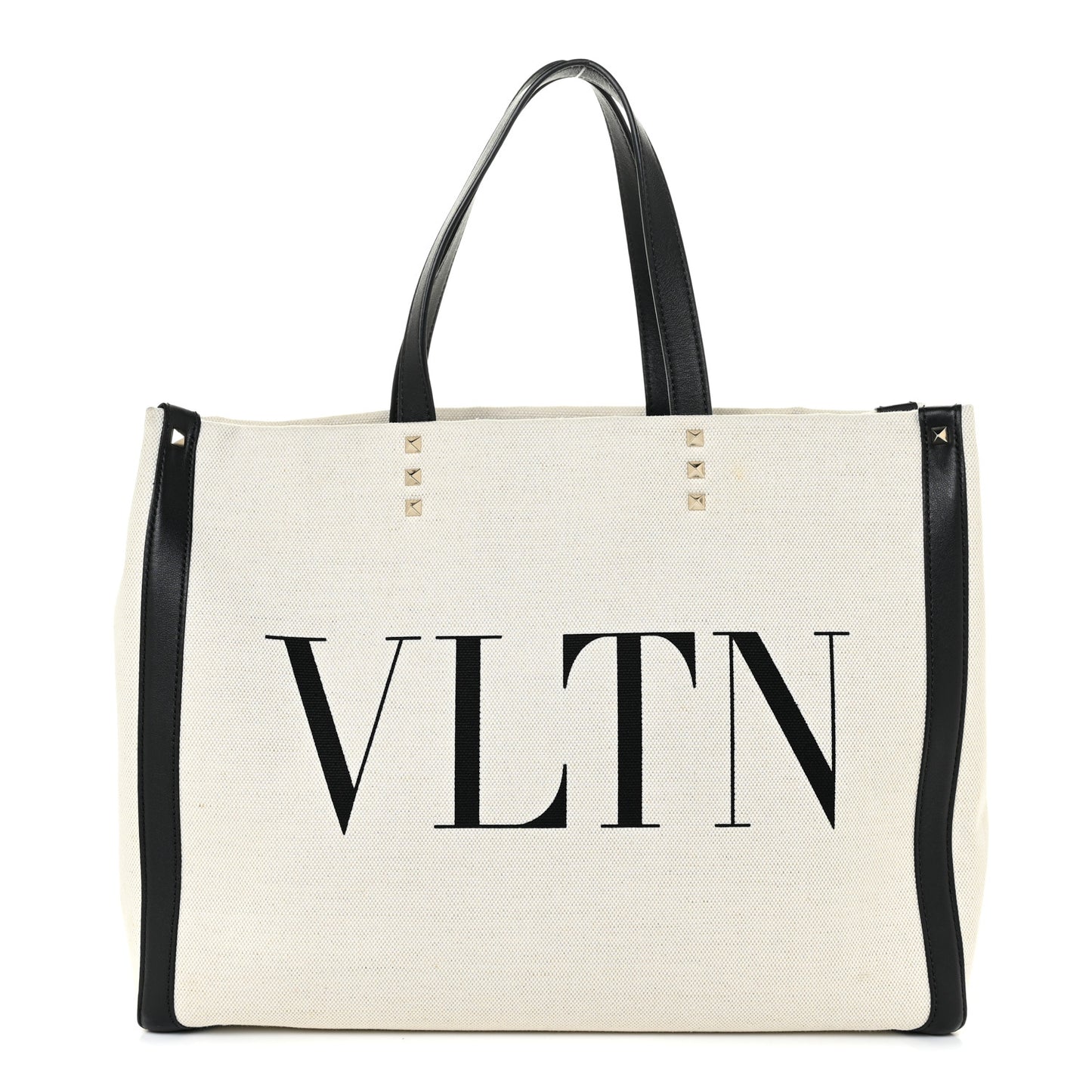 Canvas Calfskin VLTN Print Small Rockstud Tote Naturale Black