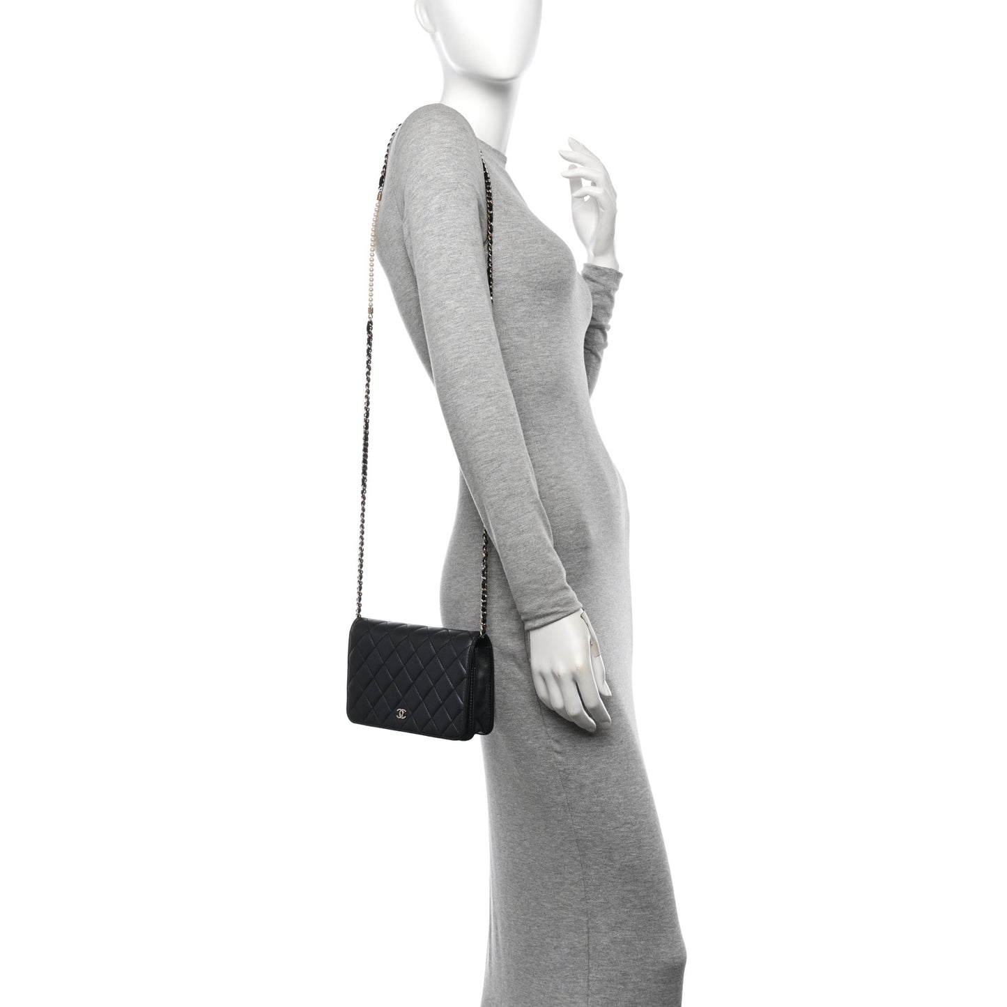 Iridescent Lambskin Quilted Pearl Wallet On Chain WOC Black