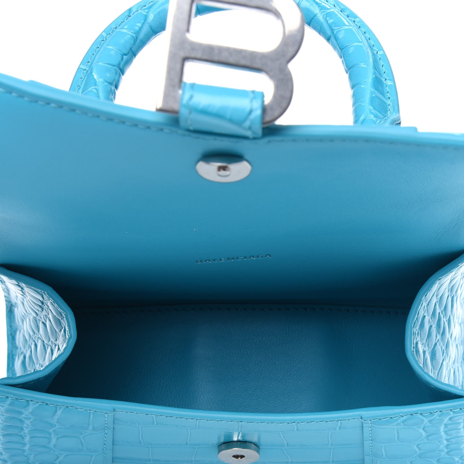 Balenciaga Shiny Calfskin Crocodile Embossed Hourglass Top Handle Bag XS Turquoise 3 of 4