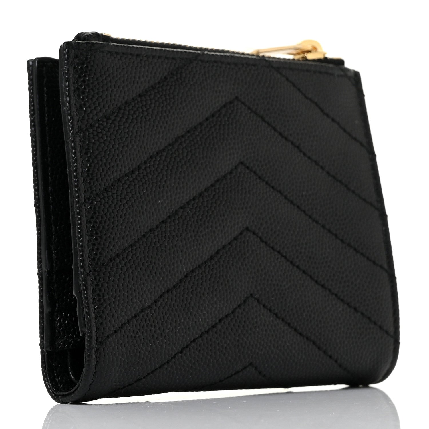 Saint Laurent Grain De Poudre Matelasse Chevron Monogram Zipped Card Case Black 3 of 9
