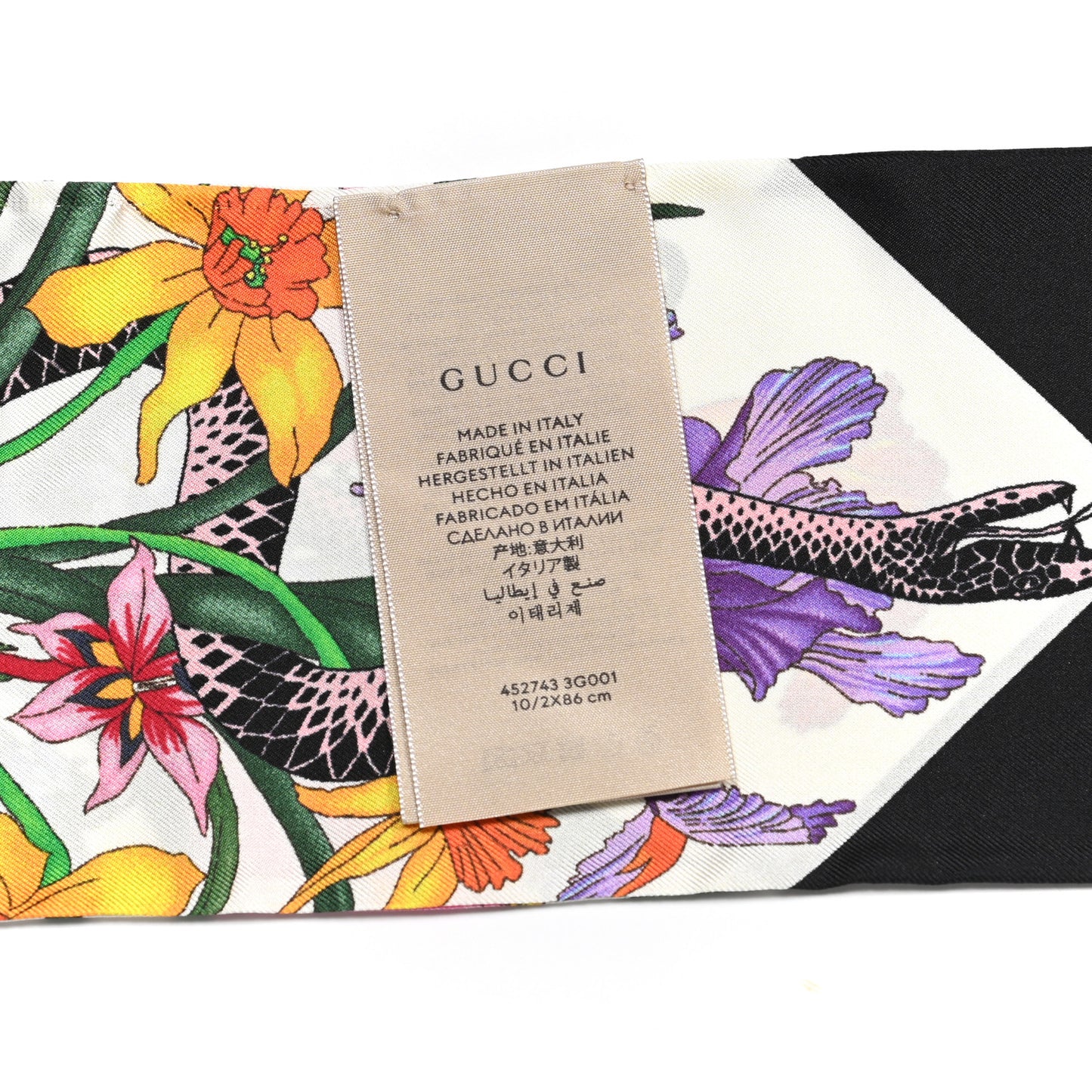Silk Twill Flora Snake Neck Bow Scarf Ivory Black