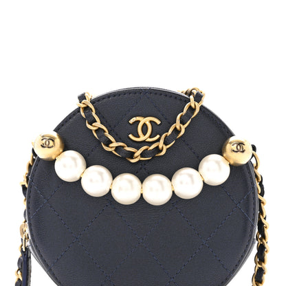 Chanel Goatskin Quilted Chic Pearls Chain Round Clutch With Chain  Navy 8 of 14