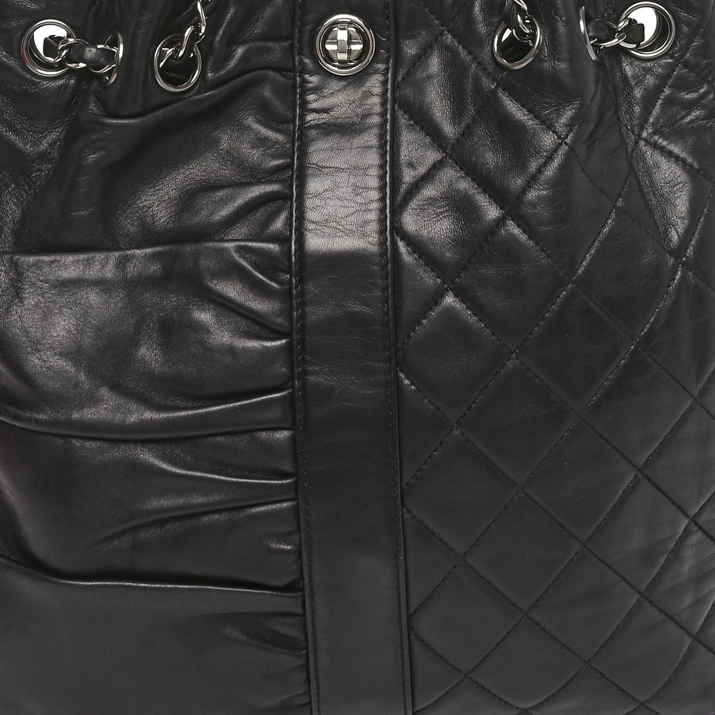 Lambskin Quilted Pile Ou Face Drawstring Bag Black