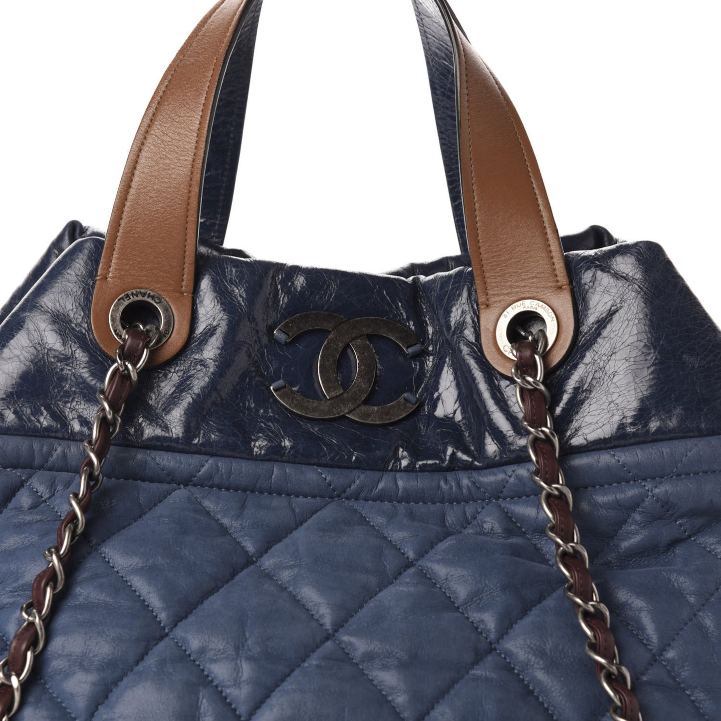 Iridescent Calfskin Quilted Large In The Mix Tote Navy