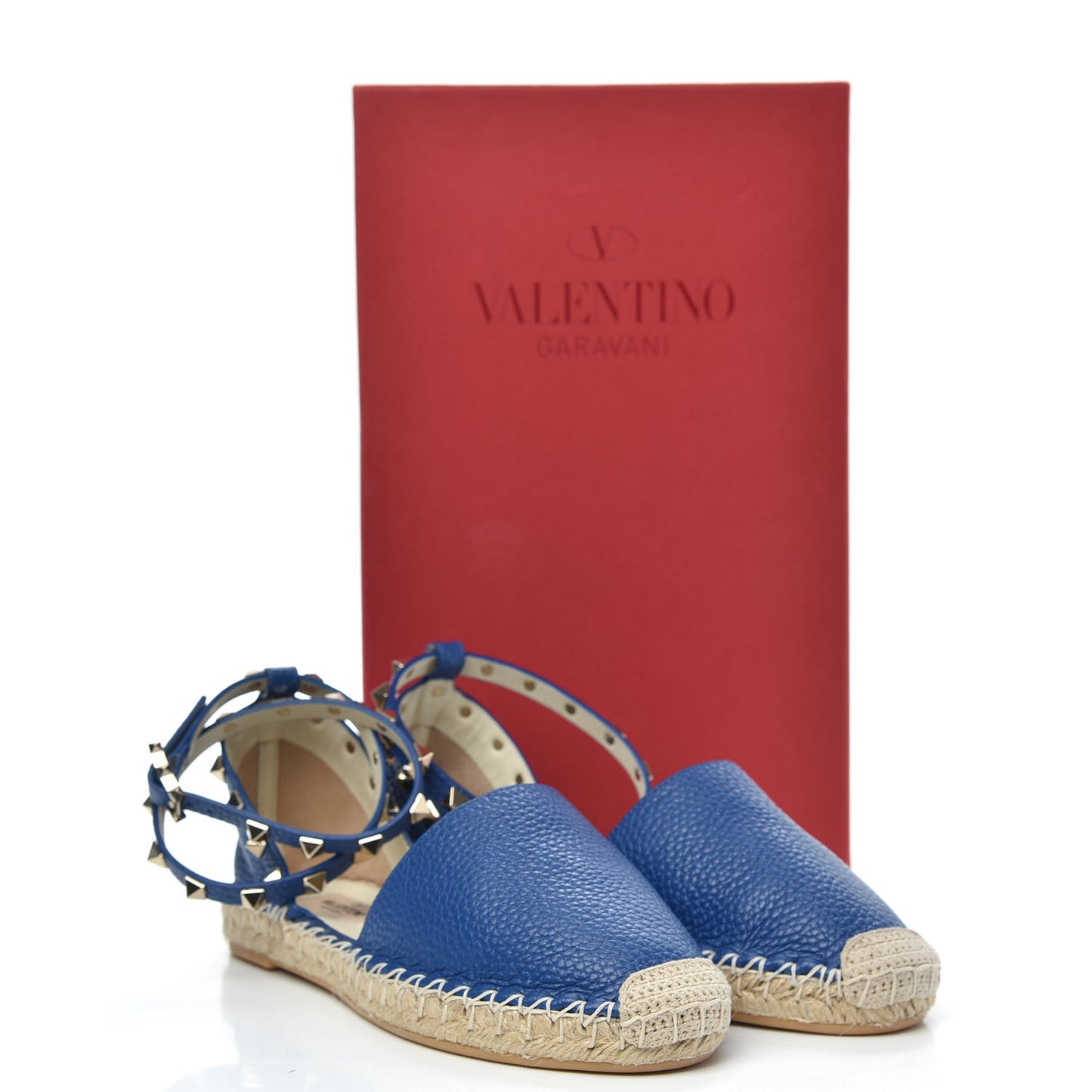 Grained Calfskin Rockstud Ankle Wrap Espadrille 20mm Flats 35 Blu Delft