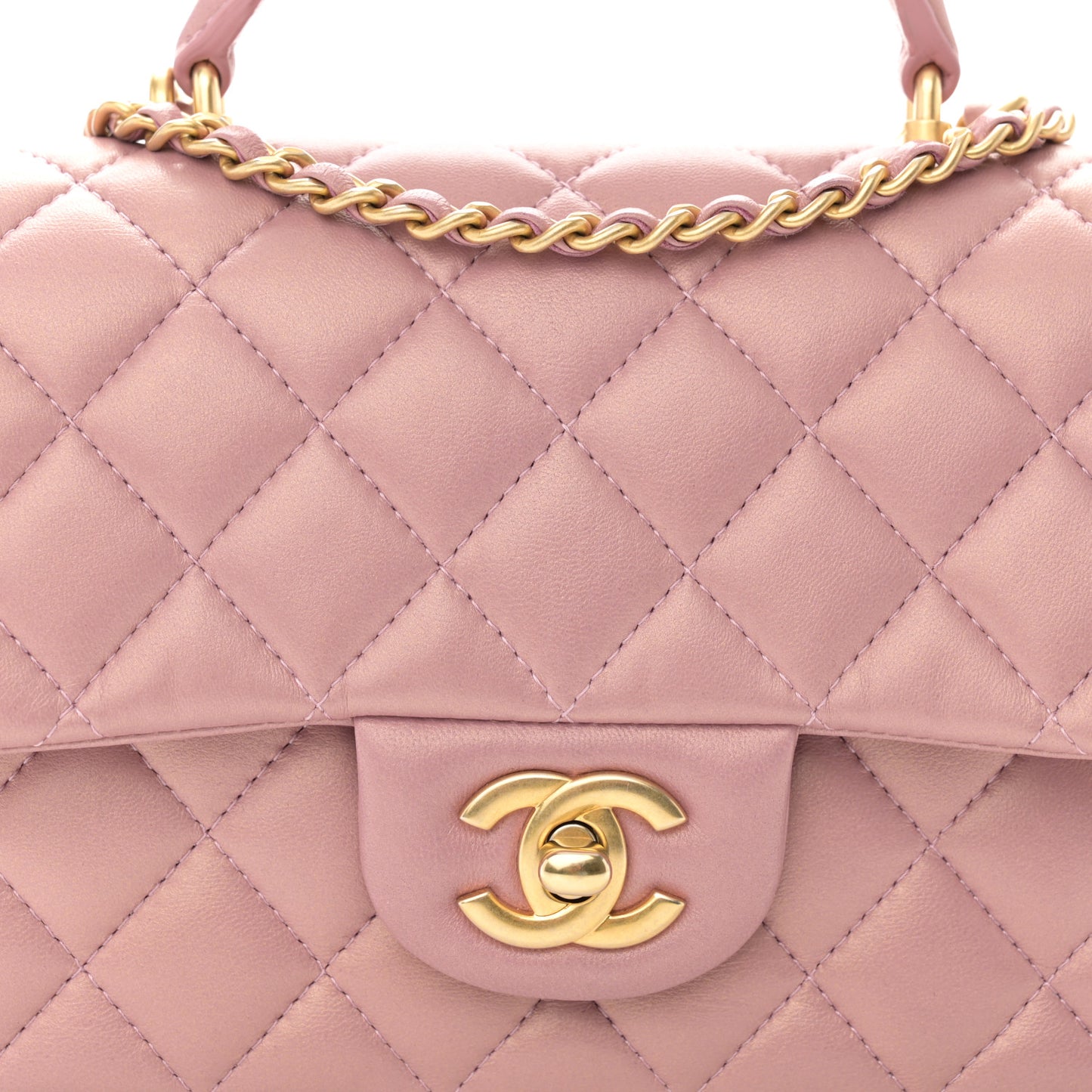 Iridescent Lambskin Quilted Mini Top Handle Rectangular Flap Pink