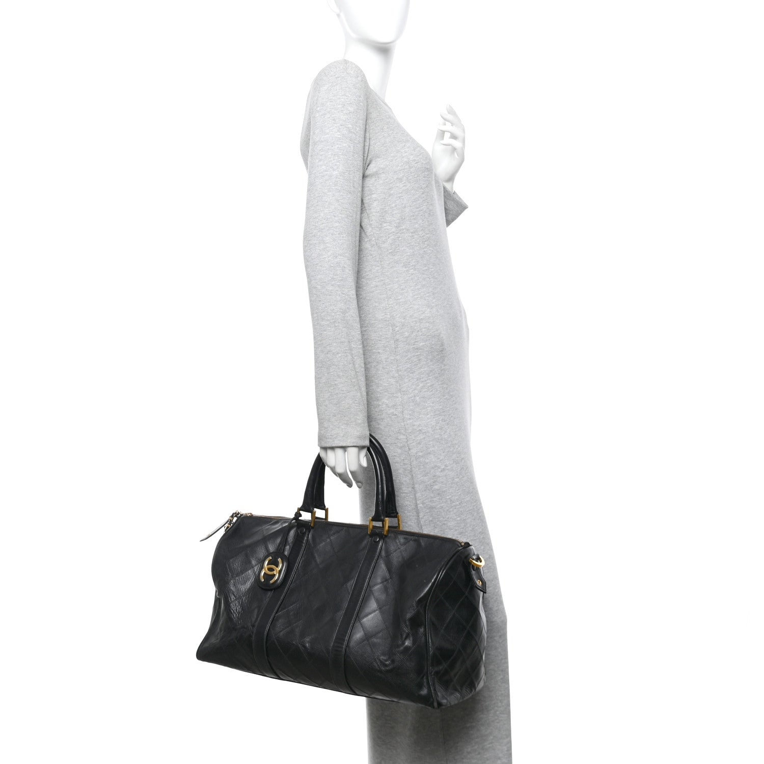 Chanel Calfskin Stitched Duffle Travel Bag Black 2 of 15