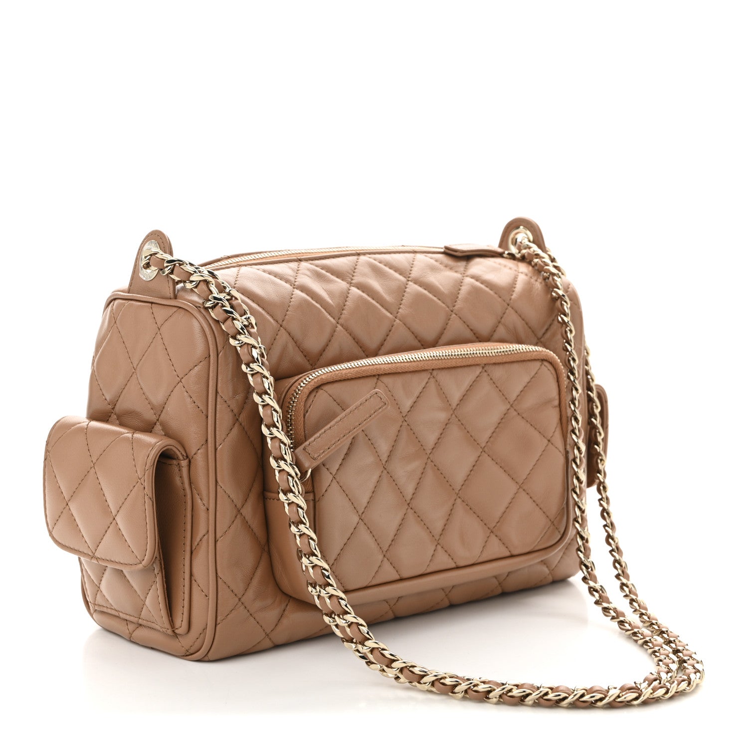 Chanel Shiny Crumpled Lambskin Quilted Medium Preppy Pocket Camera Case Brown 3 of 10