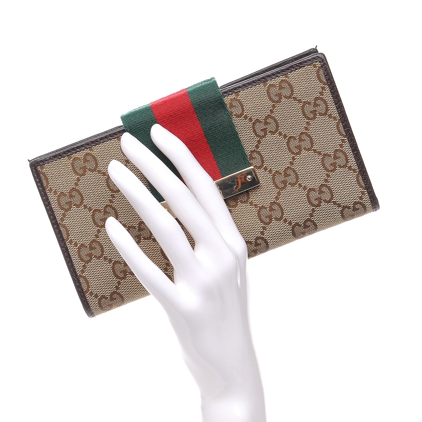 Monogram Calfskin Ladies Web Long Wallet Beige Ebony Cocoa