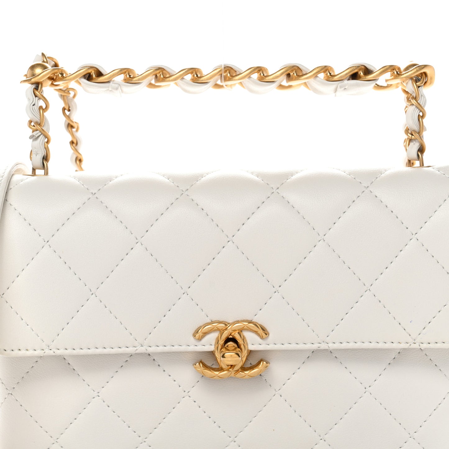 Lambskin Quilted Chain Bar Top Handle Flap White