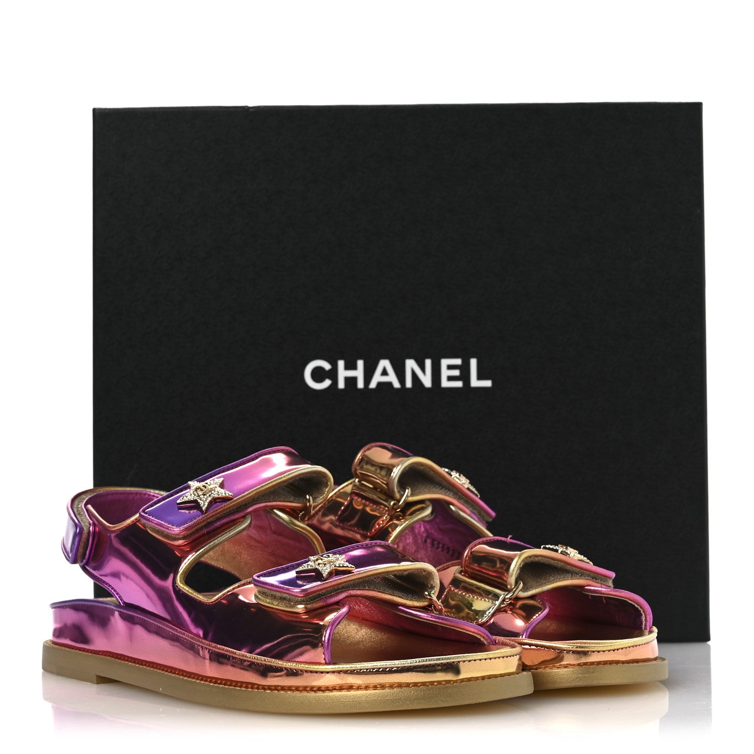 Chanel Metallic Laminated Calfskin Crystal Star CC Velcro Dad Sandals 39.5 Pink Orange Yellow 13 of 13