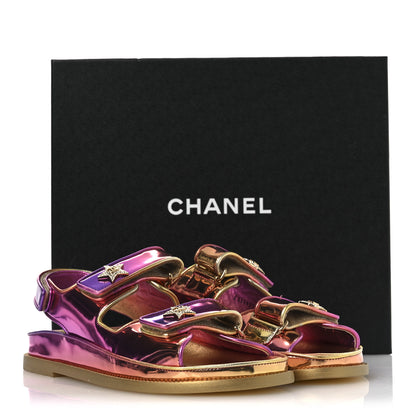 Chanel Metallic Laminated Calfskin Crystal Star CC Velcro Dad Sandals 39.5 Pink Orange Yellow 13 of 13